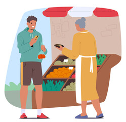 Man Purchases Fresh Produce From A Local Market Vendor. Male Character Making Transaction Using A Contactless Payment