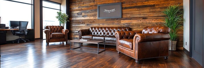home office open area wood walls and leather furniture