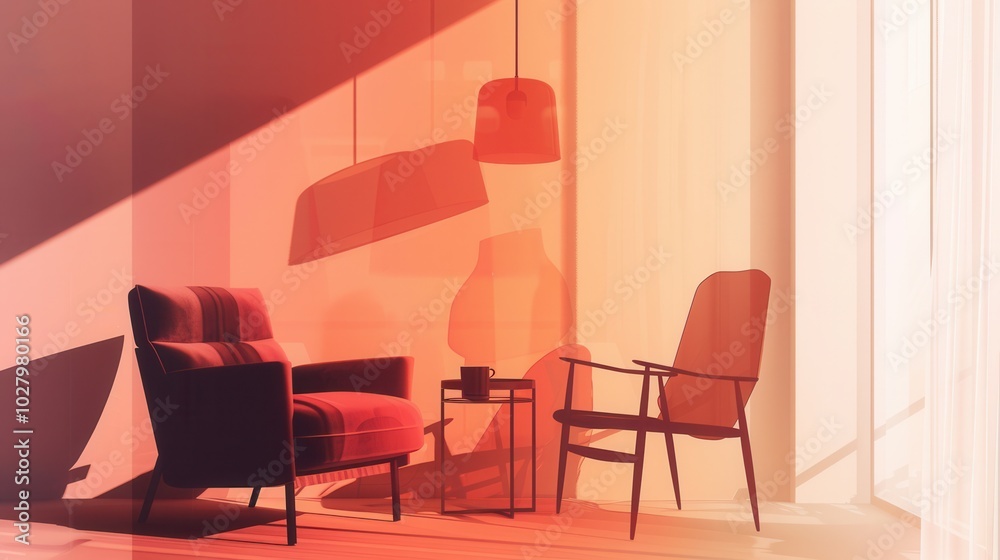 Poster silhouettes of an armchair, table, and lamp create an elegant composition against a light gradient b