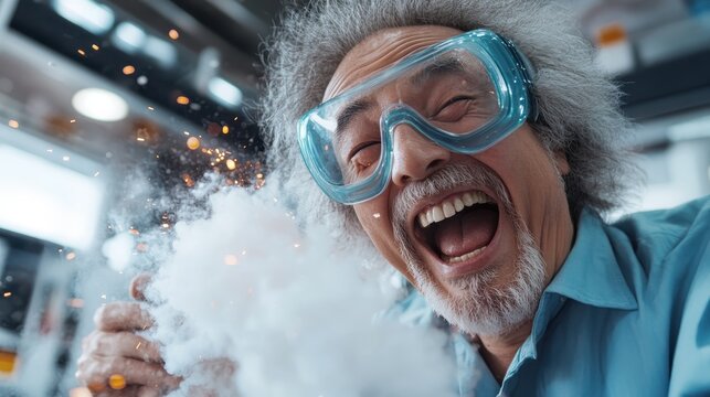 An excited older man with wild gray hair and goggles laughs joyfully as he conducts a science experiment, embracing creativity and curiosity in a lab setting.