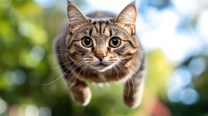 A dynamic shot of a tabby cat mid-leap with wide expressive eyes, suspended in the air against a blurred nature background, capturing agility and playfulness.