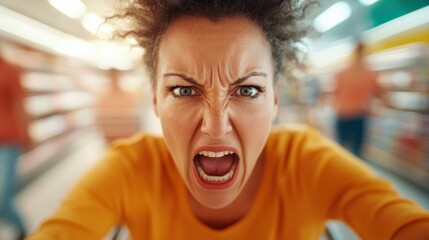A furious shopper with afro hairstyle, dressed in bright colors, yells as she speeds through a store, drawing attention amidst blurred aisles and vivid lighting.