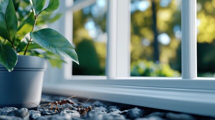 Ants explore the area around a leafy plant in a pot by a sunlit window, creating a sense of everyday vitality and connection between the indoors and nature.