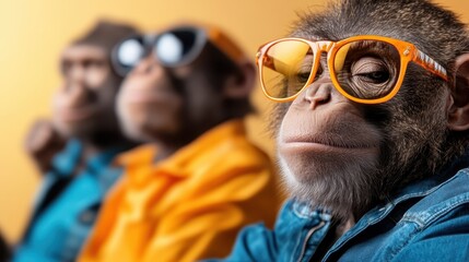 A confident monkey wears orange glasses and a fashionable denim jacket, posing against an orange backdrop, showcasing a charming and youthful demeanor.