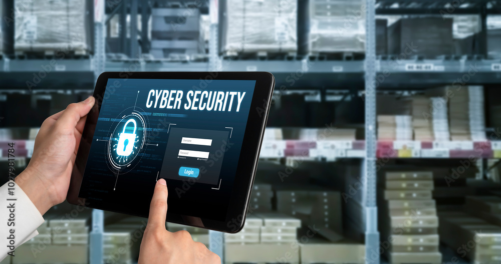 Poster cyber security system on computer screen protect private information snugly from hacker and cyber at
