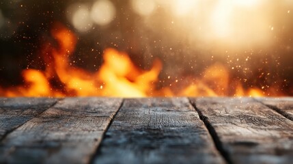 A rustic wooden surface in front of a vibrant background with orange and yellow flames, creating a sense of warmth and dynamic energy, sparks flying.