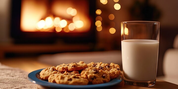 glass of milk and plate of cookies on table in living room, night,