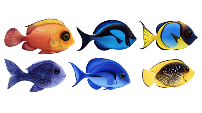 Colorful Fish Collection Arranged on a White Background Generative AI