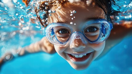 Fototapeta premium A child wearing goggles swimming joyfully underwater in a clear pool, surrounded by bubbles, symbolizing joyful exploration and carefree aquatic play.