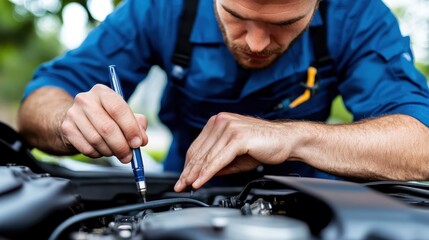 A technician in a blue outfit inspects a vehicle engine closely, using a pen as a tool, demonstrating technical expertise and dedication in a workshop setting.