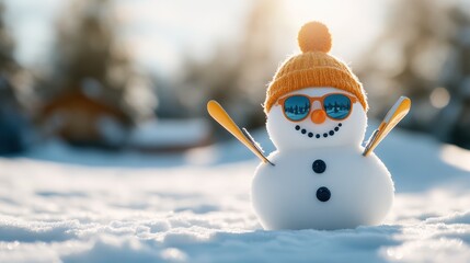 A charming snowman featuring skis and sunglasses, all set for a bright sunlit day against a beautiful snowy landscape, embodying cheerfulness and winter fun.