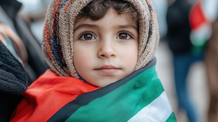 A young child, wearing a knitted hat, is wrapped in a colorful flag, gazing thoughtfully into the distance while standing outdoors with a soft background.