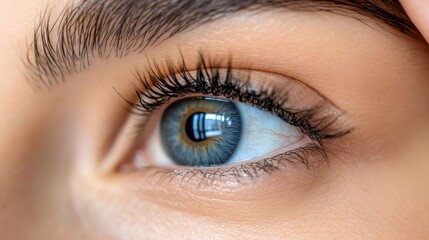 Obraz premium This image captures the intricate details of a human eye, showcasing a vivid blue iris with delicate eyelashes, revealing depth and beauty of human sight.