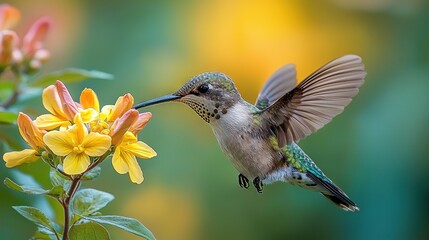 Fototapeta premium Hummingbird hovers near flower with wings wide open and beak in air