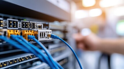 A modern server room is depicted with an arrangement of blue and orange cables plugged into network hardware, representing orderly digital connectivity and data flow.