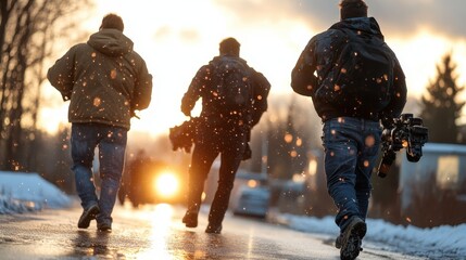 Three filmmakers with gear in hand run determinedly through a snowy setting at sunset, capturing urgency, teamwork, and the pursuit of cinematic adventure.