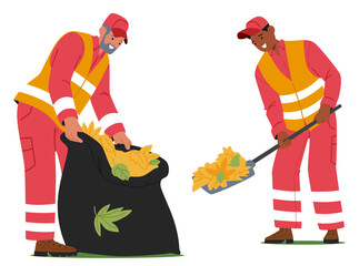 Male Workers Using Shovels To Gather Piles Of Autumn Leaves Into Large Bags For Removal. Characters Dressed In Uniform