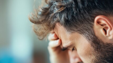 Obraz premium A contemplative man with tousled hair sits with his head resting on his hands, suggesting a moment of introspection or deep concern, reflecting thoughtfulness.
