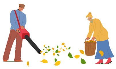 Worker In Park Uses A Leaf Blower To Collect Fallen Leaves While An Elderly Woman Gathers Leaves Into Basket