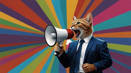 Cat man, businessman, announcement, megaphone, cat ears, launch, start something new, spread the word, new news, speech, broadcast, sale, poster, colorful.