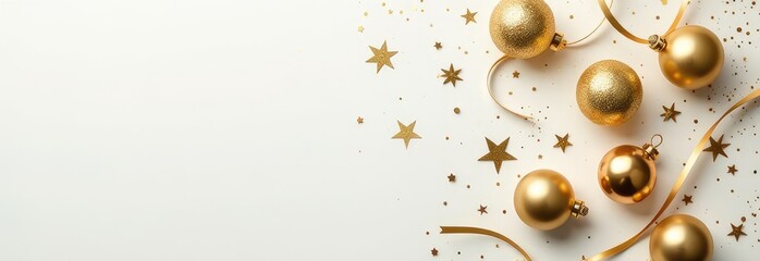 Fototapeta premium Golden Christmas tree balls on a white background. Festive New Year's atmosphere. A Christmas card, a place to copy. Banner