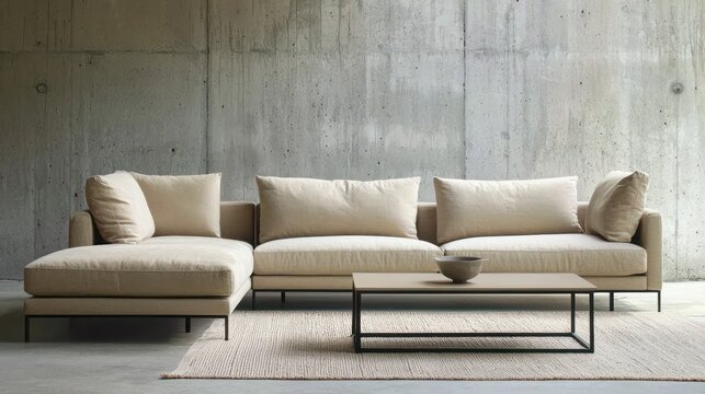 Modern living room featuring a beige sofa and coffee table set against a concrete wall, in a high-resolution format