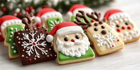 Christmas-themed icing cookie designs featuring Santa Claus, reindeer, Christmas trees, and holiday decorations.