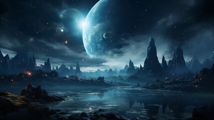 Blue planet in the middle of deep space.