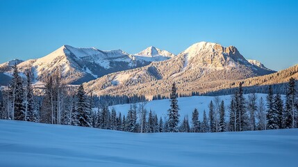 Fototapeta premium A stunning image of a snow-capped mountain range with lush trees in the foreground