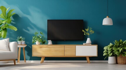 An elegantly minimalist TV setup features a sleek console and diverse vibrant green plants, creating a peaceful and inviting living space ideal for relaxation.