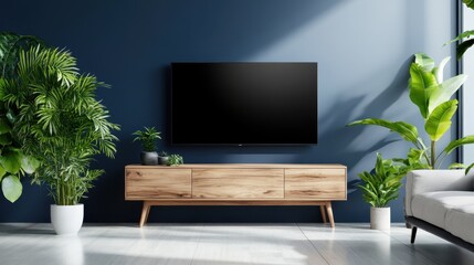 Fototapeta premium This image showcases a modern living room featuring a wooden TV stand, potted plants, and a sleek TV set, embodying a blend of elegance and nature.