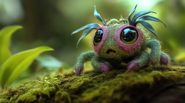 A cute, fuzzy, pink and green creature with large eyes and leafy appendages sits on mossy ground in a lush forest.