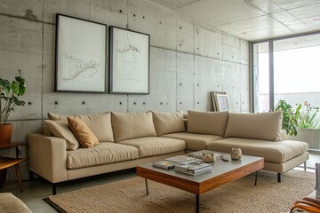 Modern living room showcased in a  aspect ratio with a beige sofa, coffee table, and a concrete wall, perfect for architectural magazines