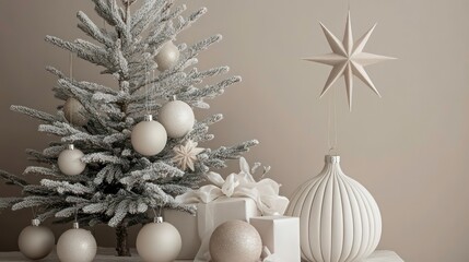 Fototapeta premium A snowy Christmas tree with white ornaments, wrapped presents, a star, and a vase on a table against a beige wall.