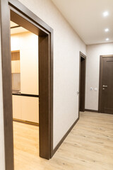 Modern apartment corridor showcasing contemporary interior design elements and fresh renovations in a spacious setting