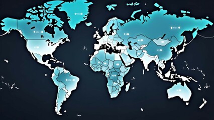 A digital world map with growing graphs on different countries, representing global business