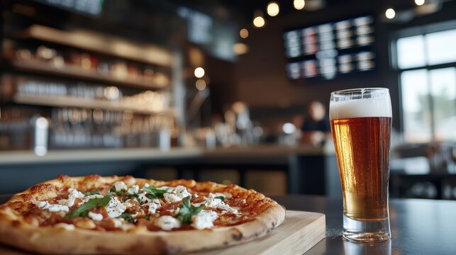 A beautifully presented pizza with a glass of beer in an upbeat bar setting, highlighted by soft lighting that creates an inviting and visually appealing atmosphere.