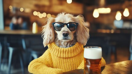A dog in sunglasses and a yellow sweater sits at a table with a glass of beer in a bar.