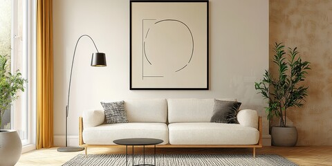 Japandi-Inspired Minimalist Interior Design of a Contemporary Living Room with Boucle Sofa Against Stucco Wall and Abstract Art Frame