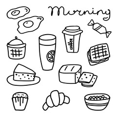 A cheerful morning illustration featuring breakfast items like coffee, toast, and pastries with a playful style and simple lines