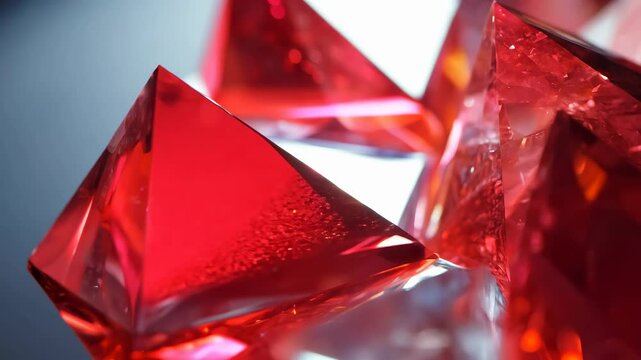 Red crystal shards: Translucent red crystals slowly rotating and refracting light, their sharp, jagged edges casting abstract reflections. Red glass pyramids, poligons.