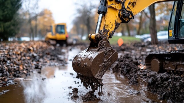 A yellow scoop loader with a full bucket lifts mud and water, operating on a muddy road with blurred foliage in the background, conveying construction and progress.