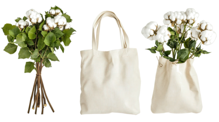 Collection of Cotton Eco Bags Displayed With Fresh Cotton Branches Generative AI