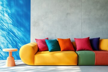 Minimalist Interior Design of Modern Living Room with Vibrant Multicolored Sofa Against Concrete Wall