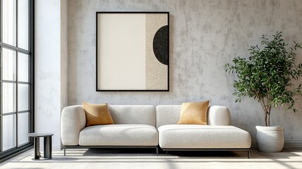 Japandi-Inspired Minimalist Interior Design of a Contemporary Living Room with Boucle Sofa Against Stucco Wall and Abstract Art Frame