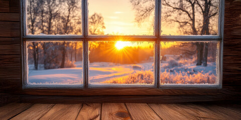 Fototapeta premium Cozy Winter Sunrise Through a Frosted Window – Peaceful Winter Morning Scene. from windowsill. Marry Christmas and Happy New Year. 