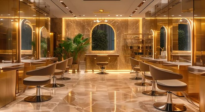 Luxury Salon Interior with Gold Accents and Marble Floors