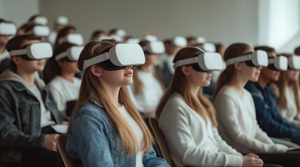 ront view of rows of students in classroom all sitting and wearing white VR headsets