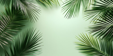 Summer concept. Palm tree branches with leaves for creative frame border isolated on light green background, flat lay design, top view 