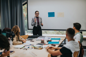A female teacher discusses chemistry with engaged students in a modern classroom setting, emphasizing active learning. The image showcases educational interaction and teaching methods in an academic